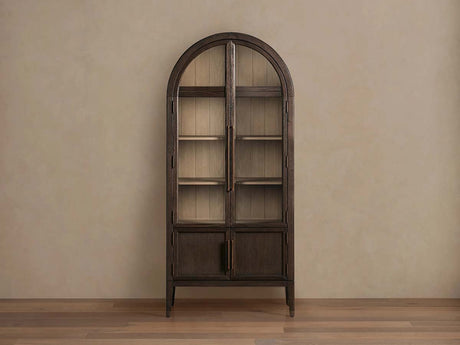 Hattie Glass Tall Display Cabinet Oak Wood Living Room Storage Cabinet