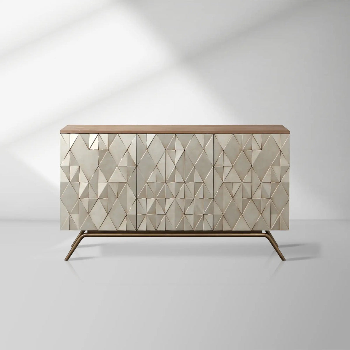 Origami Luxury 3-Door Sideboard Geometric Champagne Finish Buffet Cabinet