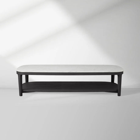 Danny Marble Top Coffee Table Oak Wood Cocktail Table Living Room Rectangle Center Tea Table