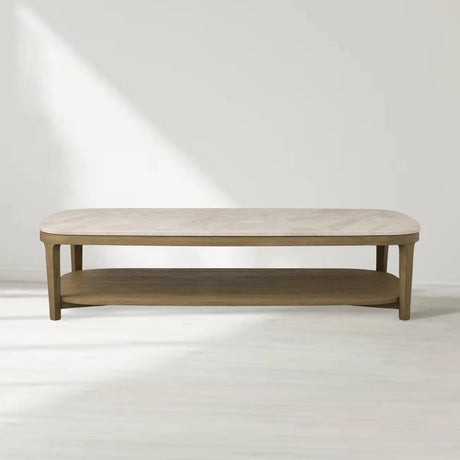 Danny Marble Top Coffee Table Oak Wood Cocktail Table Living Room Rectangle Center Tea Table