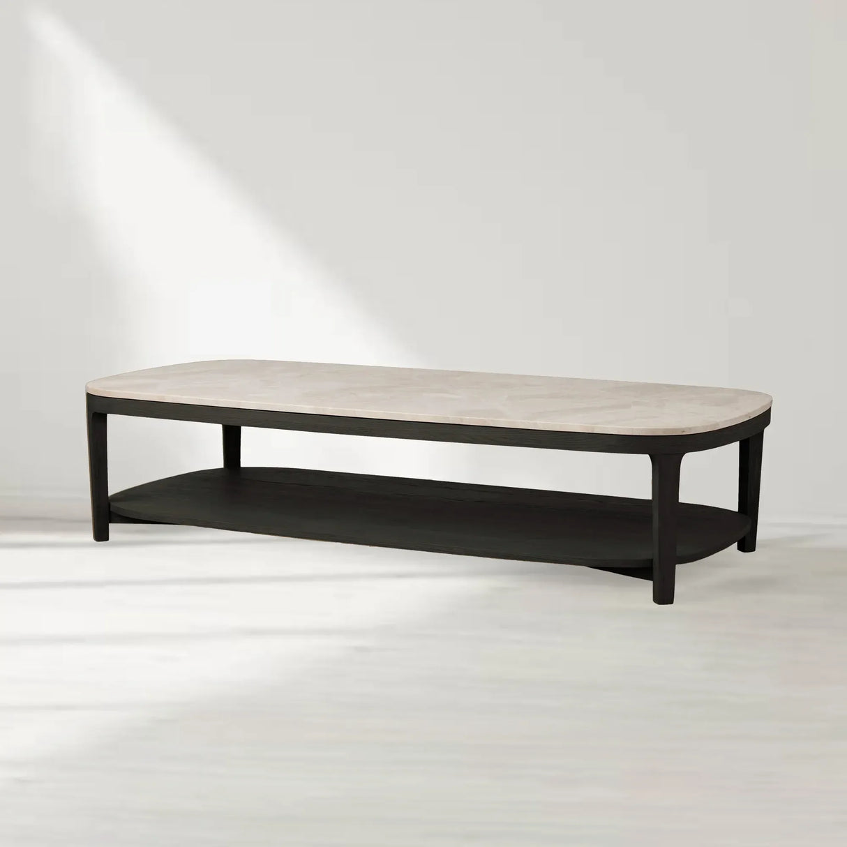 Danny Marble Top Coffee Table Oak Wood Cocktail Table Living Room Rectangle Center Tea Table