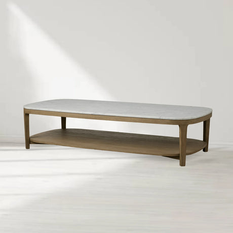 Danny Marble Top Coffee Table Oak Wood Cocktail Table Living Room Rectangle Center Tea Table