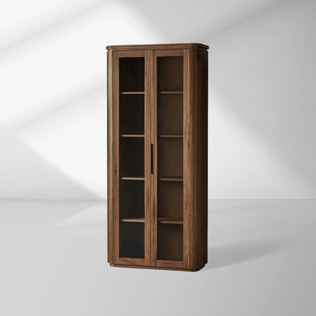 Caden Walnut Tall Display Cabinet Wood Curio Storage Cabinet Entryway China Cabinet Glass Door Bookcase