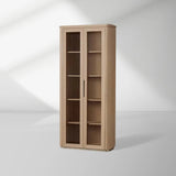 Caden Walnut Tall Display Cabinet Wood Curio Storage Cabinet Entryway China Cabinet Glass Door Bookcase