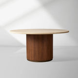 Caden Stone Top Round Dining Table in Walnut or Oak with Sculptural Base