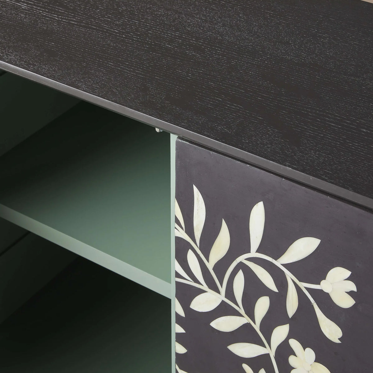 Divya Hand-Inlaid Bone Sideboard Oak Frame Buffet Table Jasmine Motif Living Room Entryways Cabinet