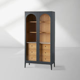 Linley Oak Wood Tall Display Cabinet Glass Door Bookcase with Drawers