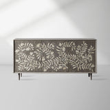 Divya Hand-Inlaid Bone Sideboard Oak Frame Buffet Table Jasmine Motif Living Room Entryways Cabinet