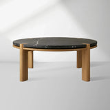 Pyet Round Marble Top Coffee Table Oak Wood Base Cocktail Table Living Room Center Tea Table