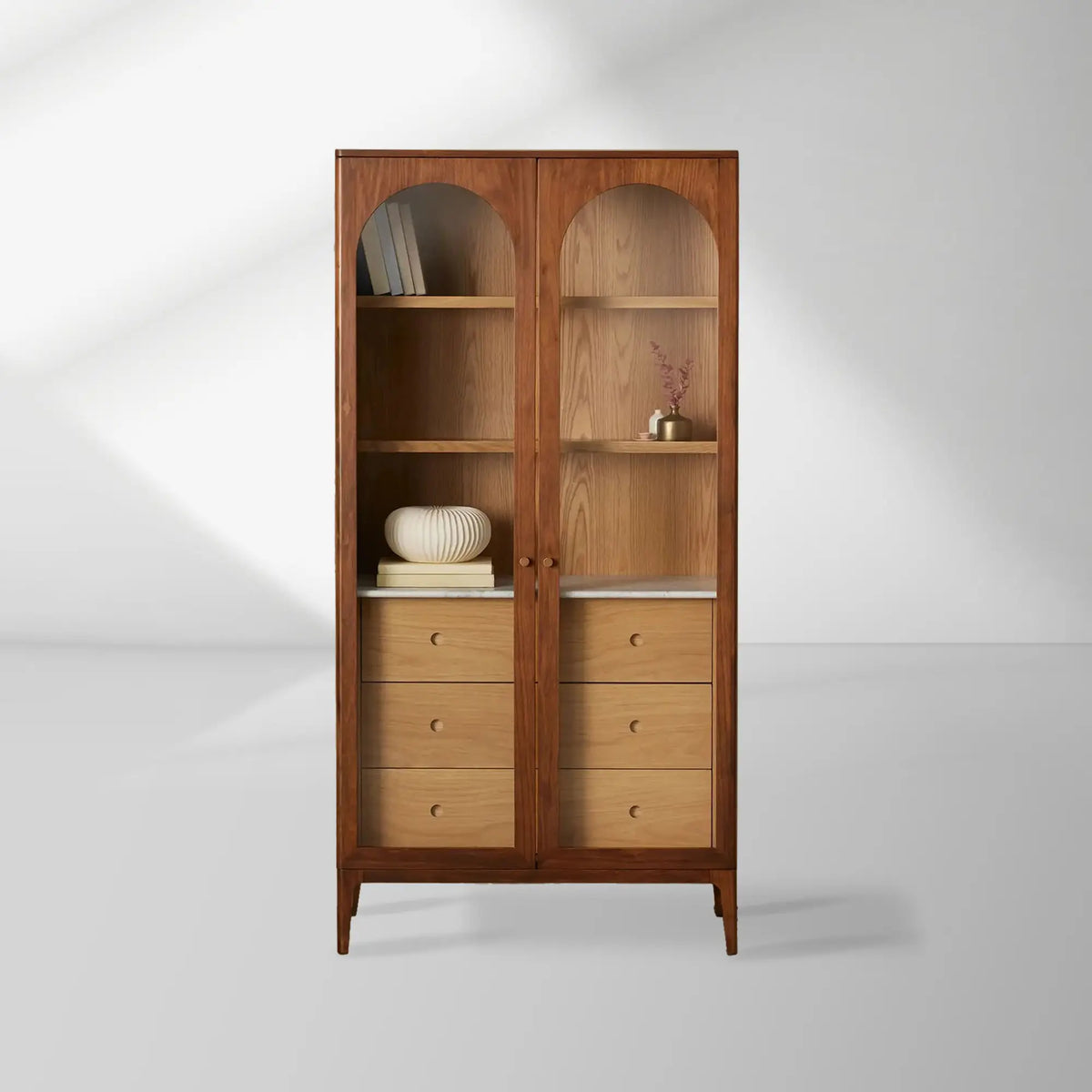 Linley Oak Wood Tall Display Cabinet Glass Door Bookcase with Drawers