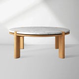 Pyet Round Marble Top Coffee Table Oak Wood Base Cocktail Table Living Room Center Tea Table