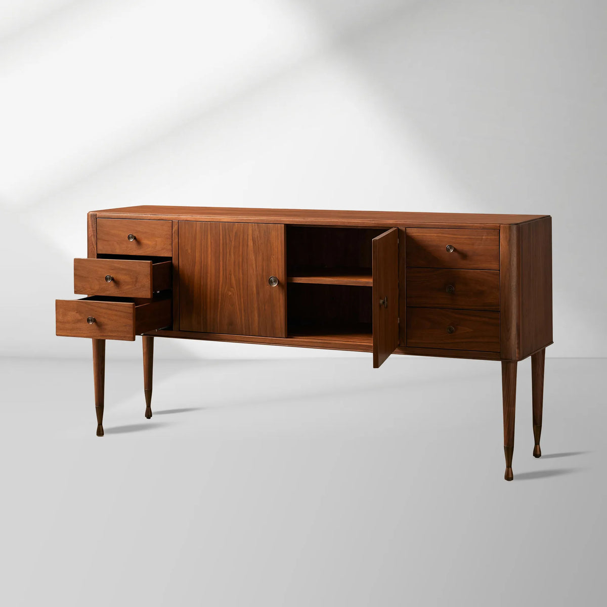 Ross Mid-Century Six Drawers Sideboard Buffet Table Walnut Wood Living Room Entryways Cabinet