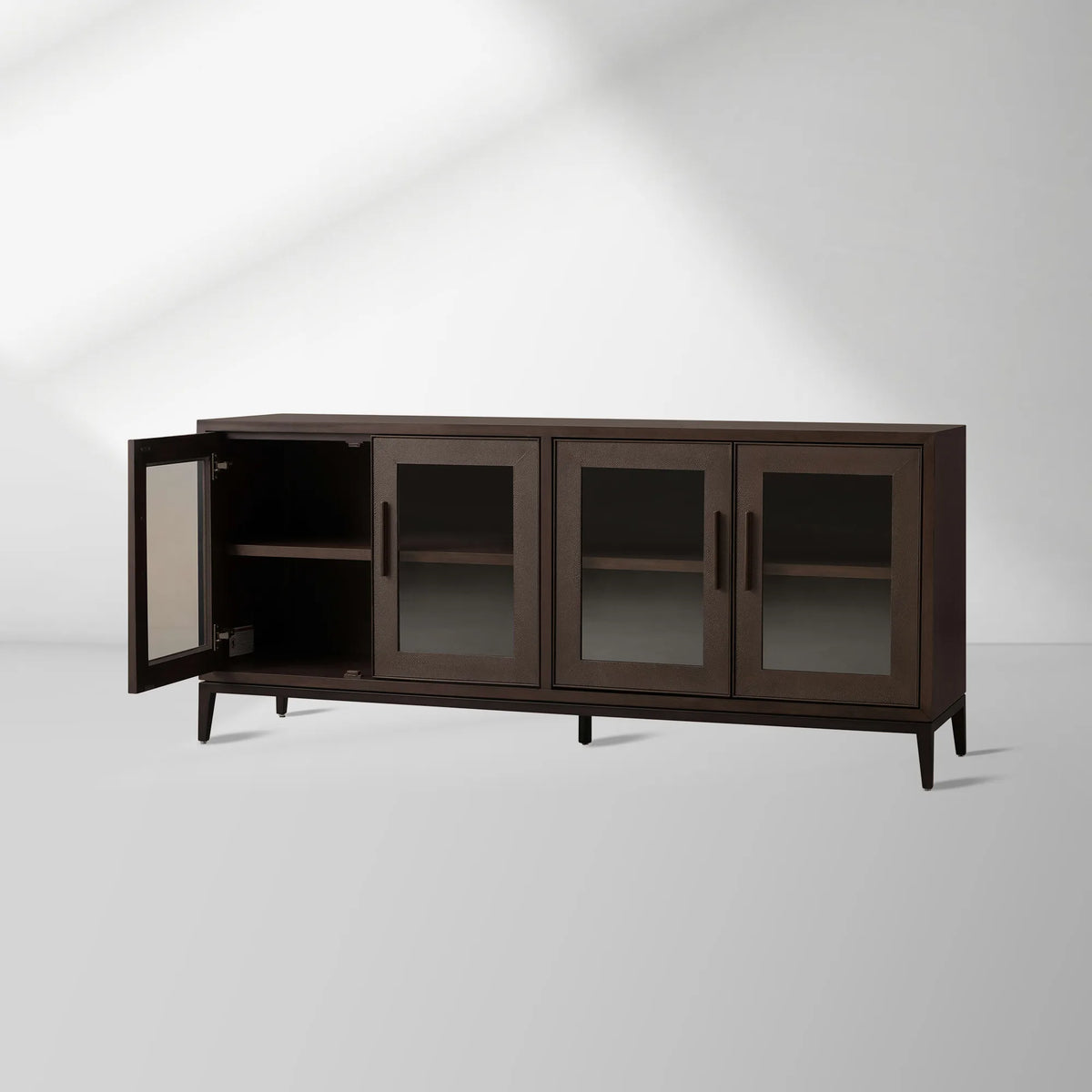 Malone leather Panels Sideboard Glass Doors Buffet Table Oak Wood Living Room Entryways Cabinet