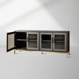 Malone leather Panels Sideboard Glass Doors Buffet Table Oak Wood Living Room Entryways Cabinet