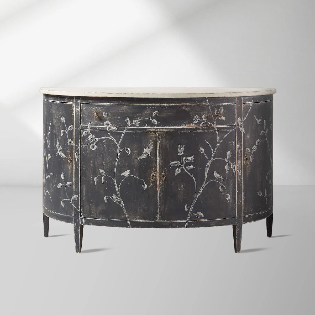 Sofia Bell'Arte Demilune Buffet Cabinet Bird Motif Sideboard Wood Living Room Entryways Cabinet