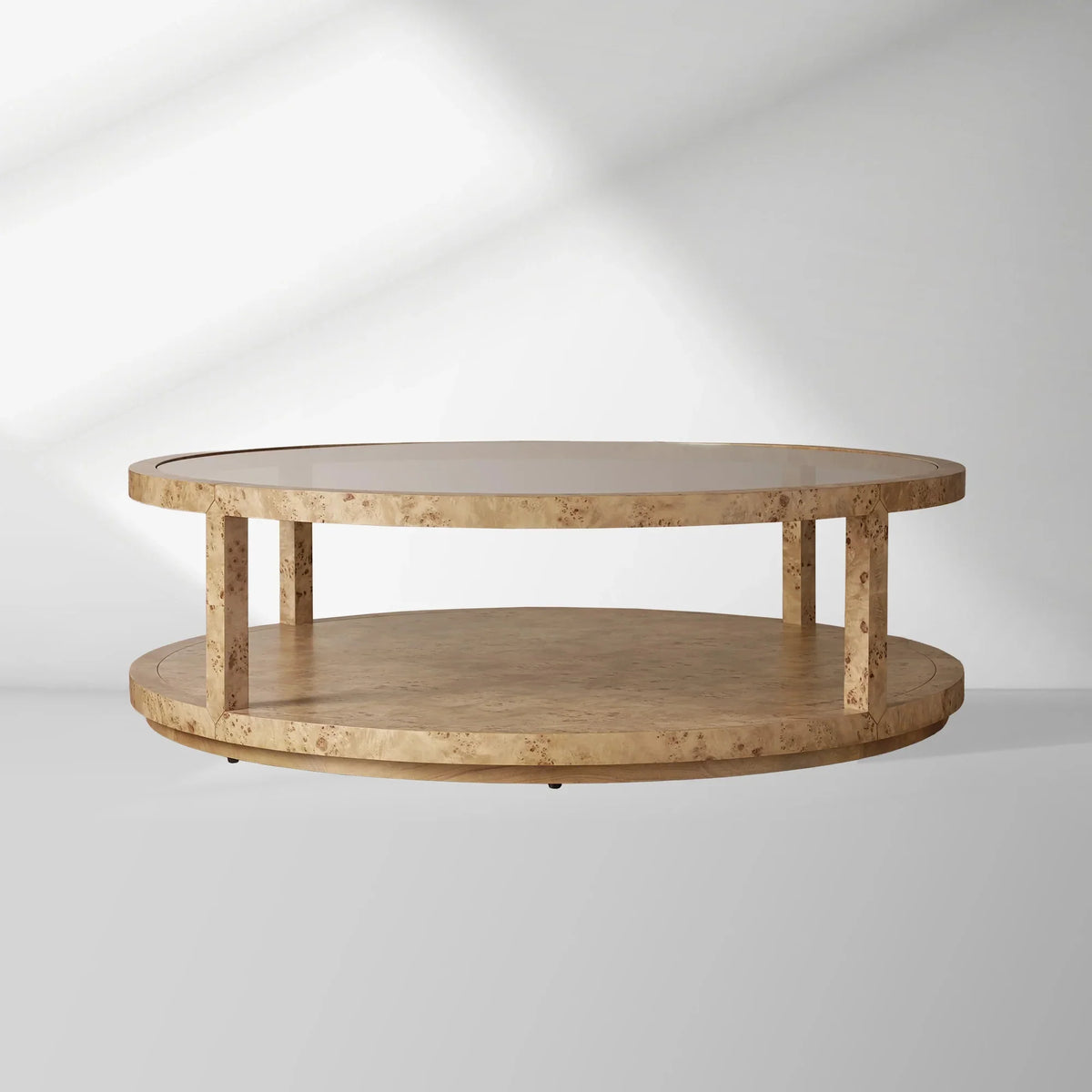 Corey Mappa Burl Round Coffee Table Glass Tabletop Cocktail Table Sofa Center Tea Table