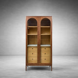 Linley Oak Wood Tall Display Cabinet Glass Door Bookcase with Drawers