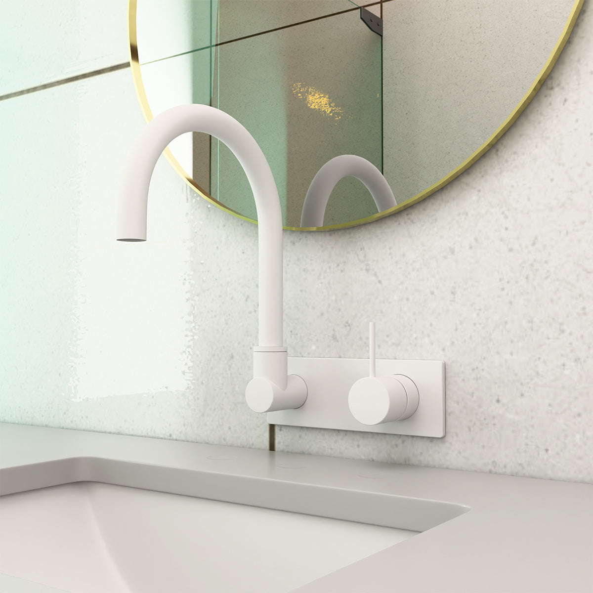 Mecca Wall Basin/Bath Mixer Swivel Spout Handle Up Matte White