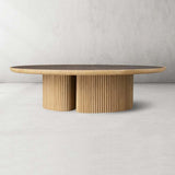 Astor Round Marble Top Coffee Table Wood Cocktail Table Reeded Oak Base Sofa Center Tea Table