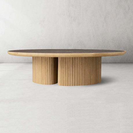 Astor Round Marble Top Coffee Table Wood Cocktail Table Reeded Oak Base Sofa Center Tea Table