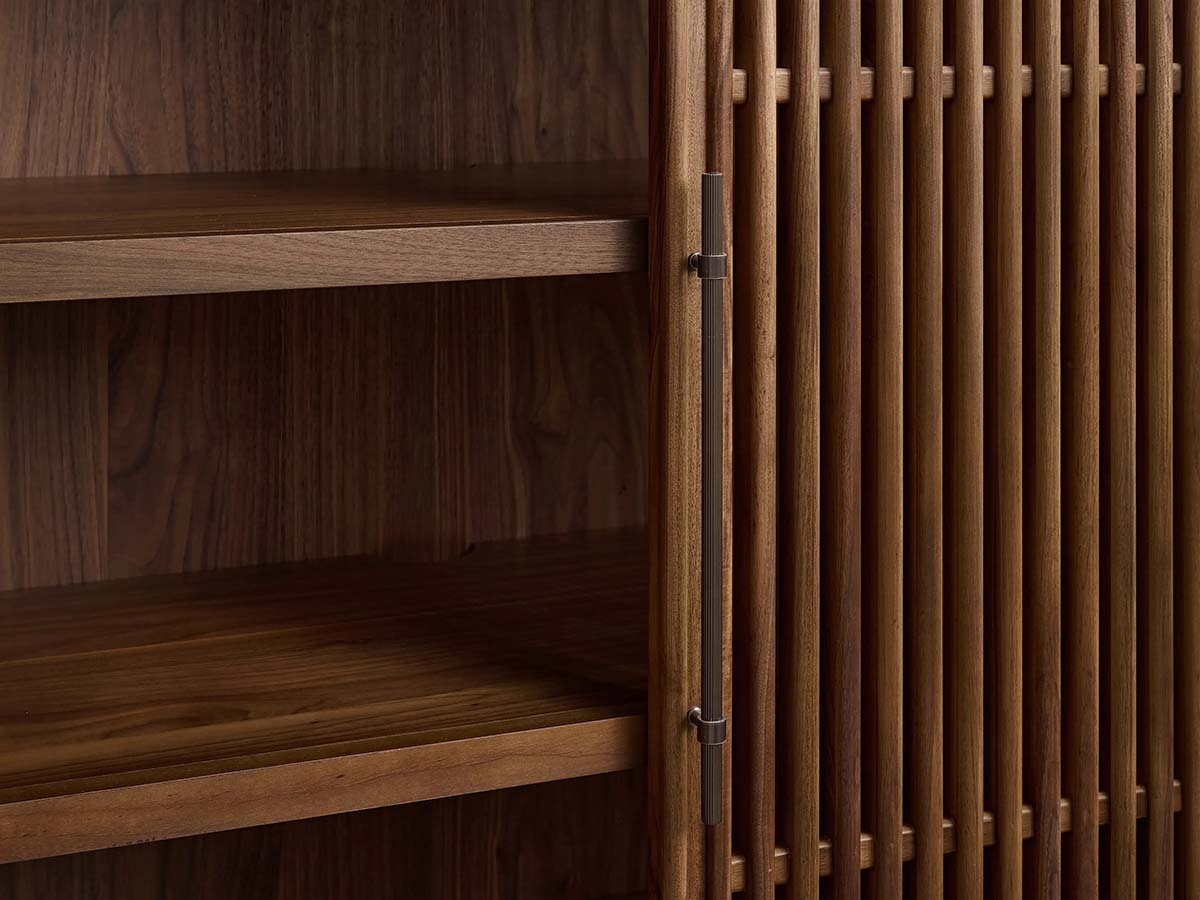 Piermont Modular Reeded Tall Display Cabinet Black Walnut Bookcase with Bronze Plinth Base