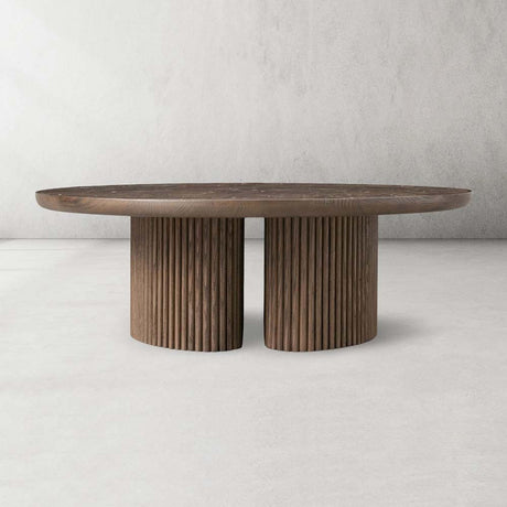 Astor Round Marble Top Coffee Table Wood Cocktail Table Reeded Oak Base Sofa Center Tea Table