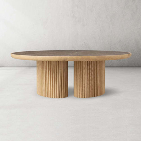 Astor Round Marble Top Coffee Table Wood Cocktail Table Reeded Oak Base Sofa Center Tea Table