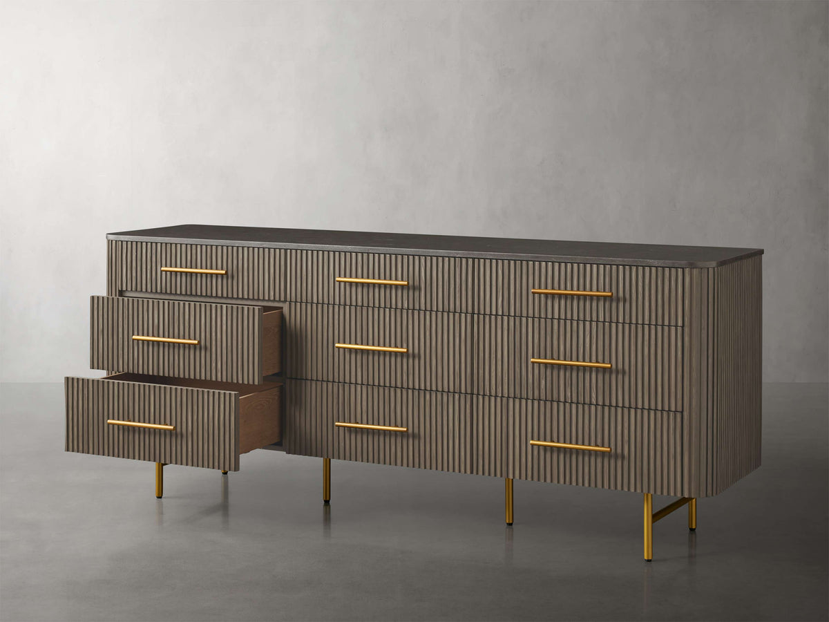 Finnley Wood Nine-Drawer Dresser with Natural Stone Drawer Chest Cabinet