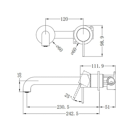 Mecca Wall Basin/Bath Mixer Separate Back Plate 230mm MatTE BLACK