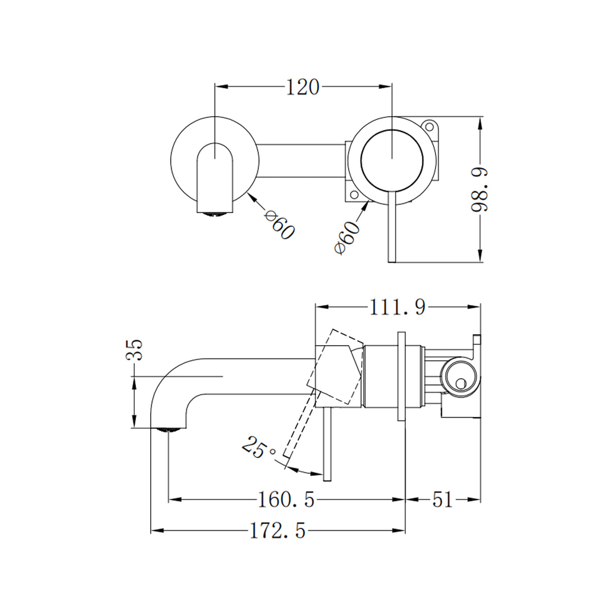 Mecca Wall Basin/Bath Mixer Separate Back Plate 160mm Brushed Gold