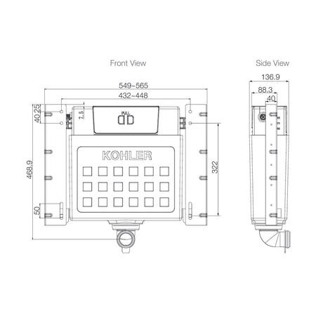 Pneumatic In-wall Cistern 150mm Wall Faced, Low Level Installation