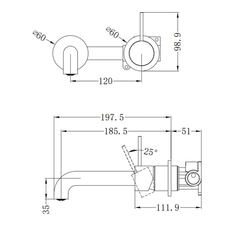 Mecca Wall Basin/Bath Mixer Separate Back Plate Handle Up 185mm Chrome