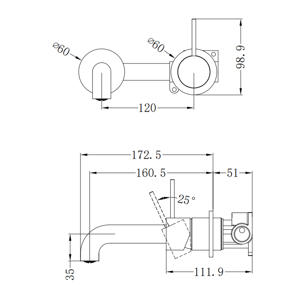 Mecca Wall Basin/Bath Mixer Separate Back Plate Handle Up 160mm Chrome