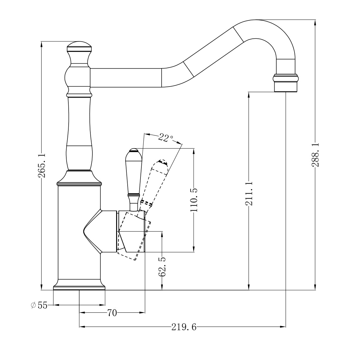 York Kitchen Mixer Hook Spout With White Porcelain Lever Matte Black
