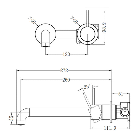 Mecca Wall Basin/Bath Mixer Separate Back Plate Handle Up 260mm Brushed Nickel