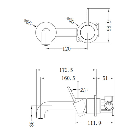 Mecca Wall Basin/Bath Mixer Separate Back Plate Handle Up 160mm Brushed Bronze