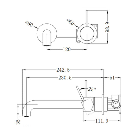 Mecca Wall Basin/Bath Mixer Separate Back Plate Handle Up 230mm Chrome