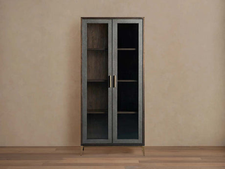 Malone Textured Leather Tall Display Cabinet Wood Storage Cabinet with Glass Doors