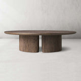 Astor Round Marble Top Coffee Table Wood Cocktail Table Reeded Oak Base Sofa Center Tea Table