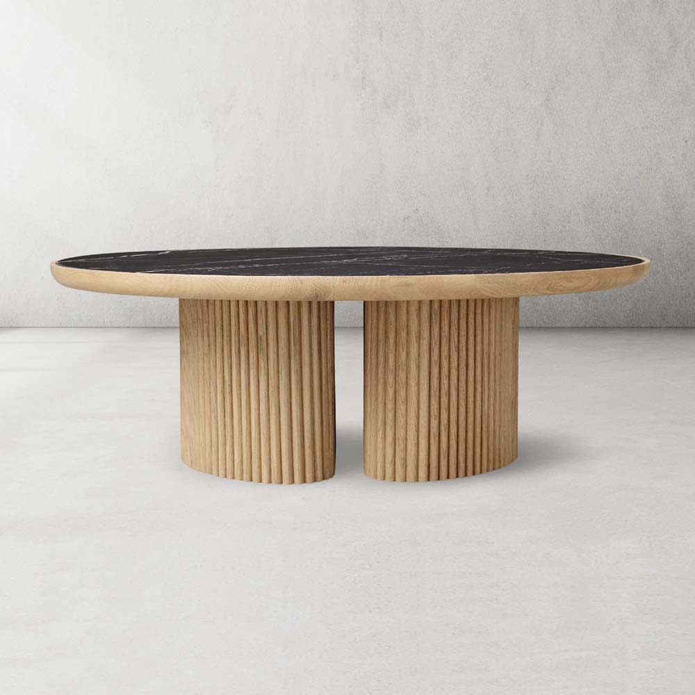 Astor Round Marble Top Coffee Table Wood Cocktail Table Reeded Oak Base Sofa Center Tea Table