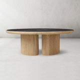 Astor Round Marble Top Coffee Table Wood Cocktail Table Reeded Oak Base Sofa Center Tea Table