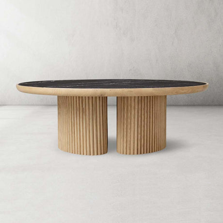 Astor Round Marble Top Coffee Table Wood Cocktail Table Reeded Oak Base Sofa Center Tea Table