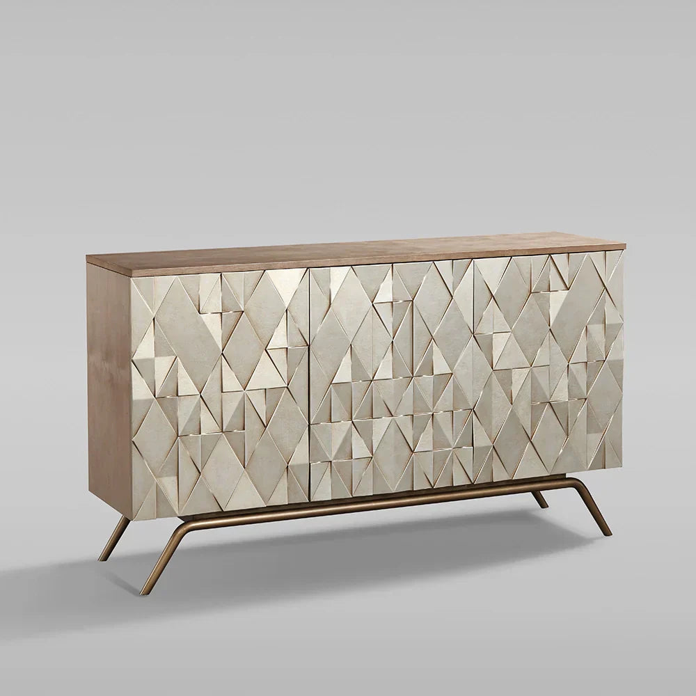 Origami Luxury 3-Door Sideboard Geometric Champagne Finish Buffet Cabinet