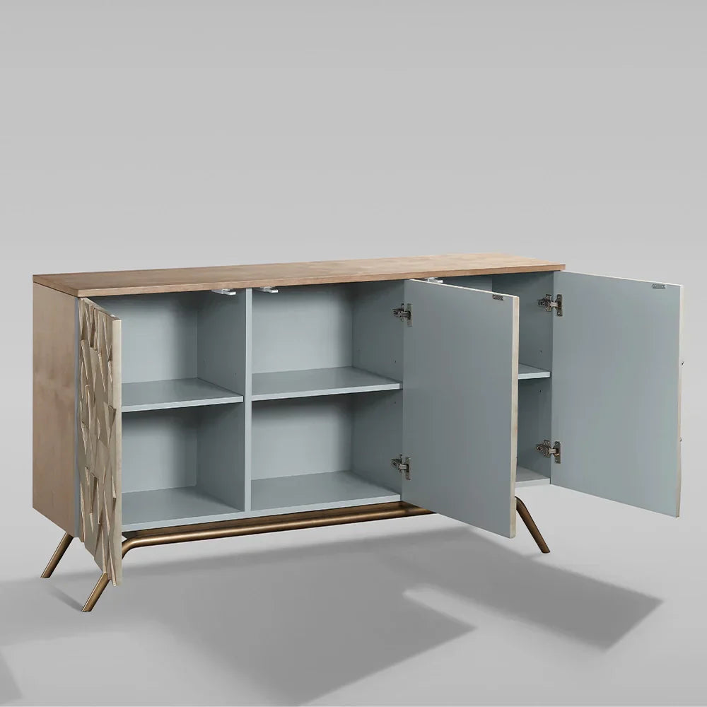 Origami Luxury 3-Door Sideboard Geometric Champagne Finish Buffet Cabinet