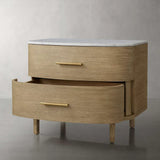 Danny Closed Nightstand Marble Top Bedside Table Brass Pulls Two-Drawer Chest