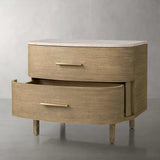 Danny Closed Nightstand Marble Top Bedside Table Brass Pulls Two-Drawer Chest
