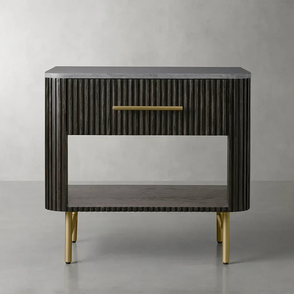 Finnley Open Nightstand Natural Stone Top Bedside Table Wood Bedroom Cabinet