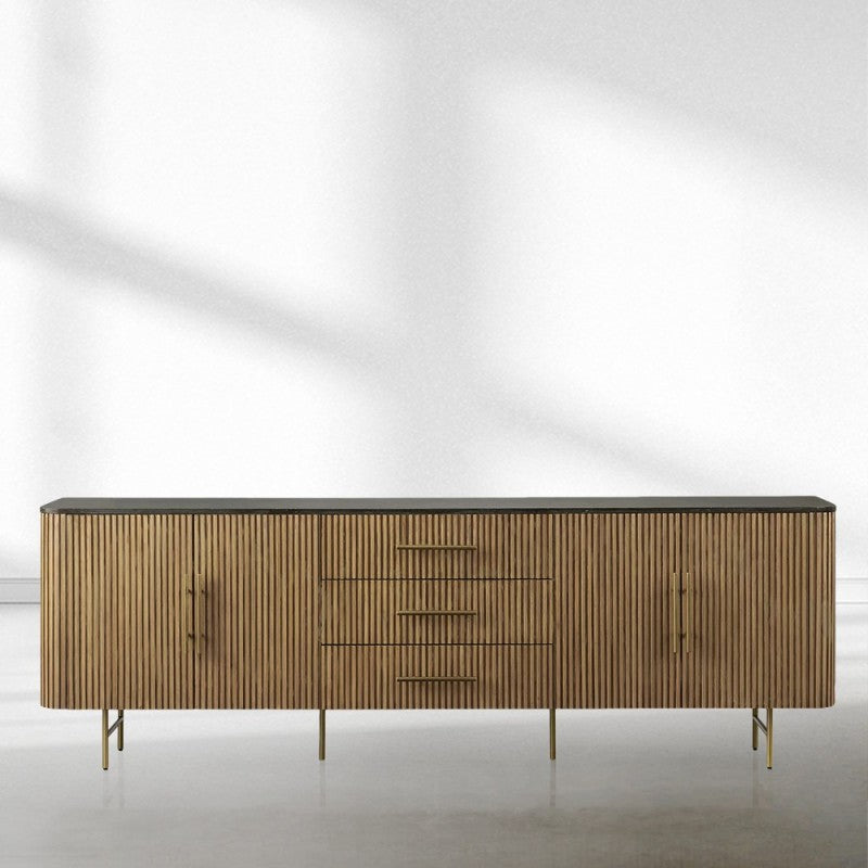 Finnley Marble Top Sideboard Wood Bluestone Top Buffet Cabinet with Drawers