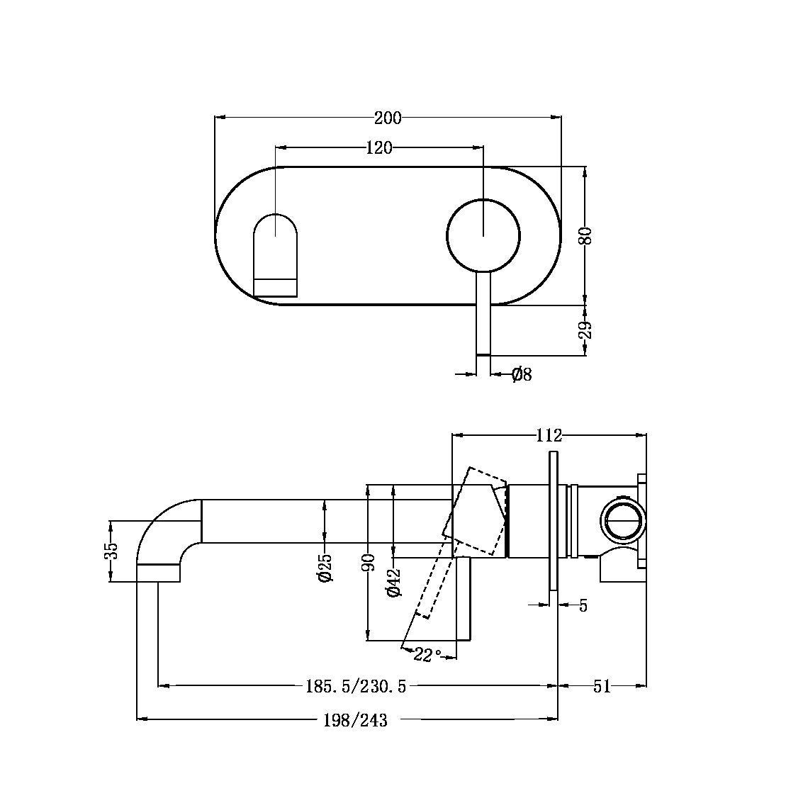 Zen Ss316l Wall Basin/Bath Mixer 230mm Spout Graphite