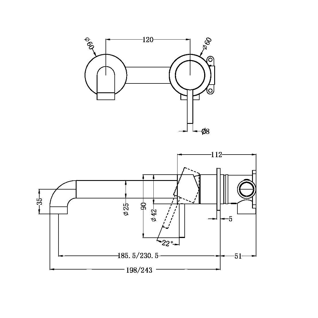 Zen Ss316l Wall Basin/Bath Mixer Separate Back Plate 185mm Spout Graphite
